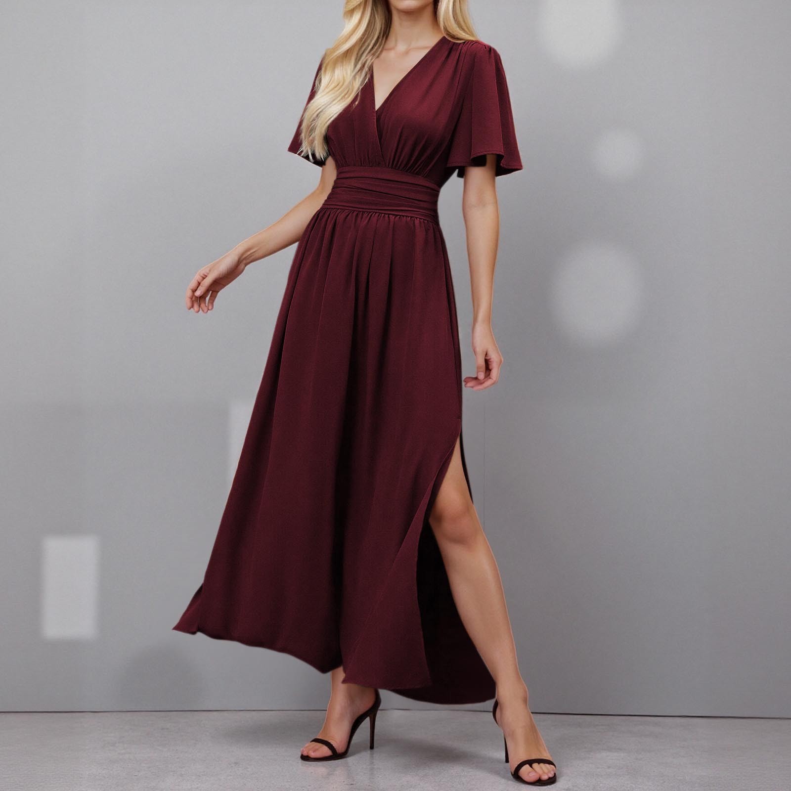 thumbnail image 2 of Vestido largo elegante de cuello en V y cintura alta para mujer: mangas plisadas, abertura lateral, fruncido, vestido de noche para bodas y fiestas., 2 of 5